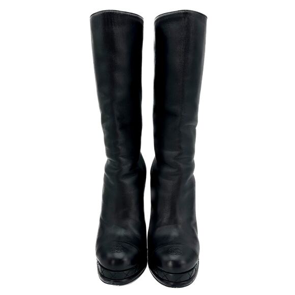 CHANEL Black Leather CC Cap Toe Quilter Platform Heel Boots IT 36 - Picture 3 of 15